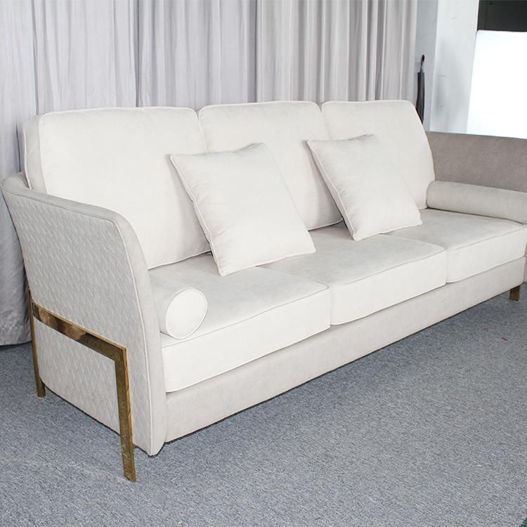 Gold Stainless Base Three Seater Fabric Living Room Sofa Furniture for Villa Hotel