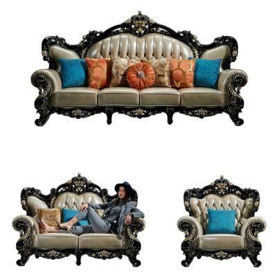Foshan Sofa Furniture Factory Wholesale Wood Carved Antique Leather Sofa in Optional Furnitures Color and Couch Seat