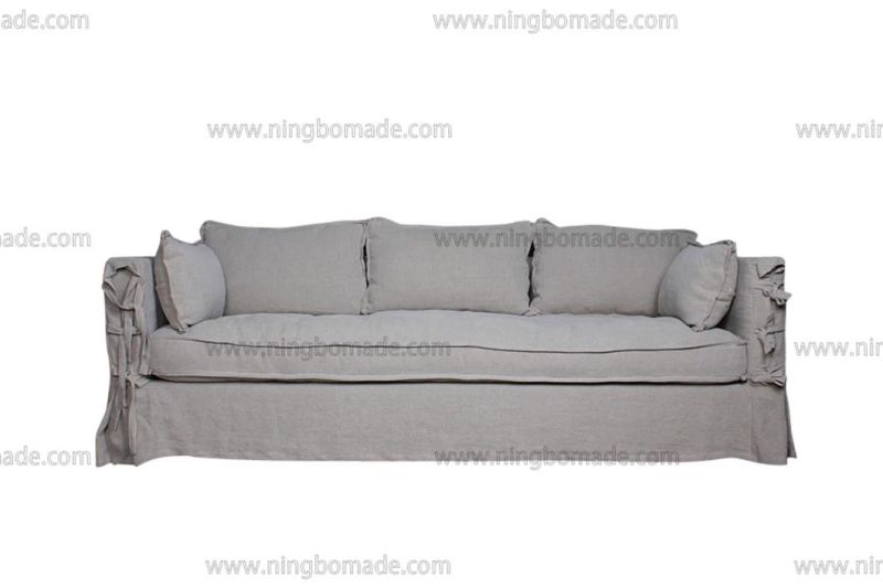 Antique Design Rustic Style Furniture Grey Oak Linen Fabric Cushions Three Seats Sofa