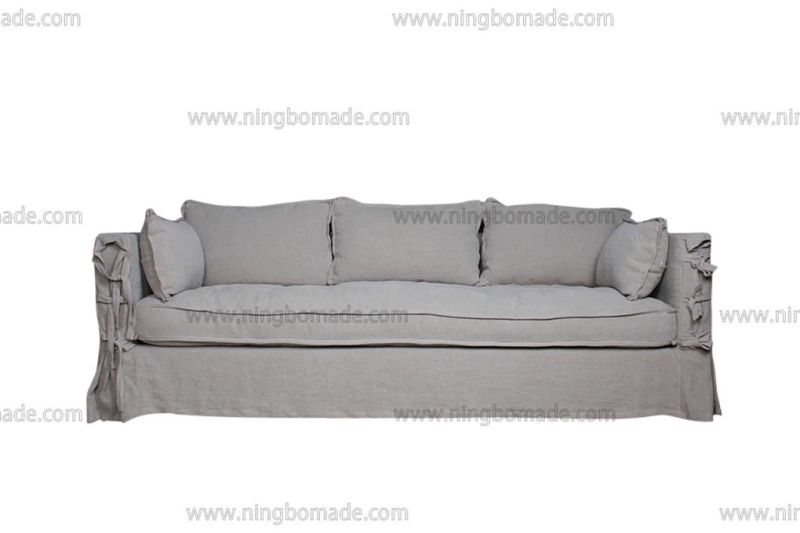 Antique Design Rustic Style Furniture Grey Oak Linen Fabric Cushions Three Seats Sofa