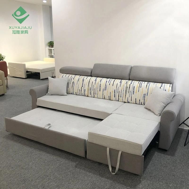 2.5 M Length Grey and Custom Pattern Backrest Linen L Shaped Sofa Cum Bed