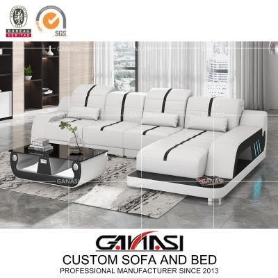 Leisure Style Home Furniture LED Genuine Leather Corner Sofa Sets with Light and Tea Table