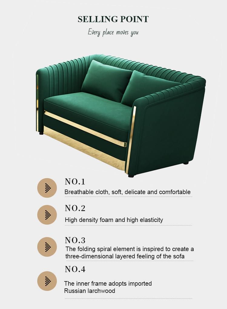 Luxury Metal Hotel Home Furniture Design Green Cloth Velvet Sectional Couch Set Living Room Fabric Sofa