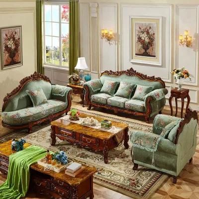 Wood Carved Antique Fabric Sofa Set with Optional Couch Seats
