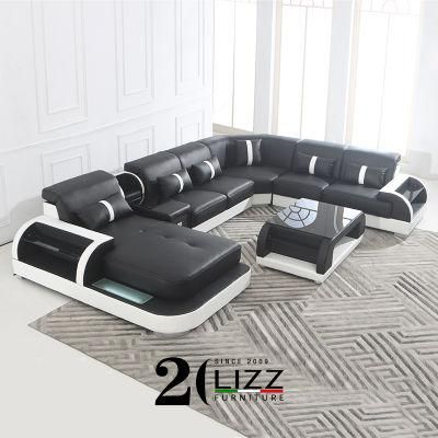 Direct Sell Italian Living Room Functional LED Black Leather Sectional Corner Sofa Modern Design Home Furniture