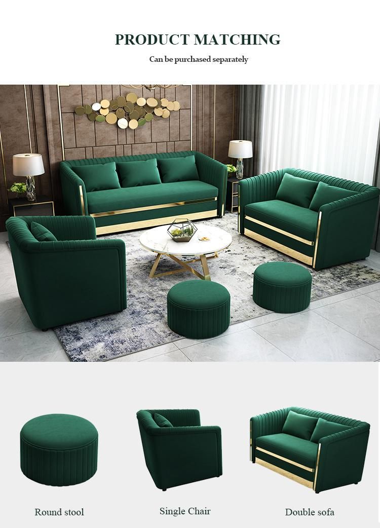 Luxury Metal Hotel Home Furniture Design Green Cloth Velvet Sectional Couch Set Living Room Fabric Sofa