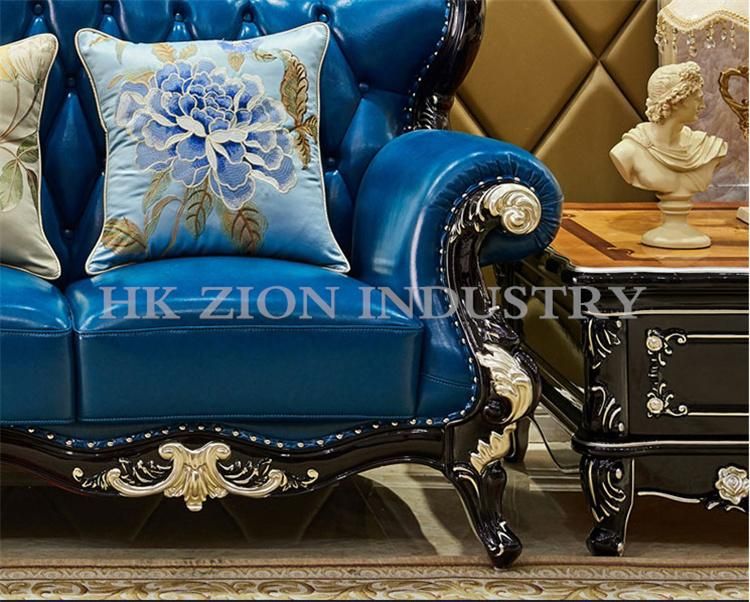 Luxury Style Sofa Set 1+2+3 Seater Home Villa Hotel Living Room Furniture European Style Sofa First Layer Cowhide Blue Leather Sofa