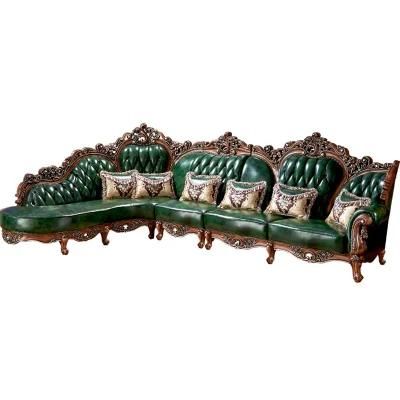 Wood Carved Classic Luxury Leather Corner Sofa Furniture in Optional Couch Furnitures Color