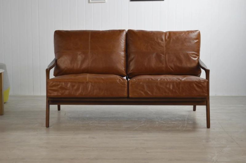 Vintage Living Room Furniture Solid Walnut Color Frame Leather Lounge Sofa