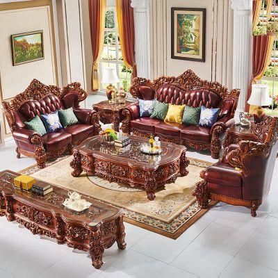 Home Furniture Factory Wholesale Wood Carved Antique Luxury Leather Sofa Set in Optional Furnitures Color and Couch Seat