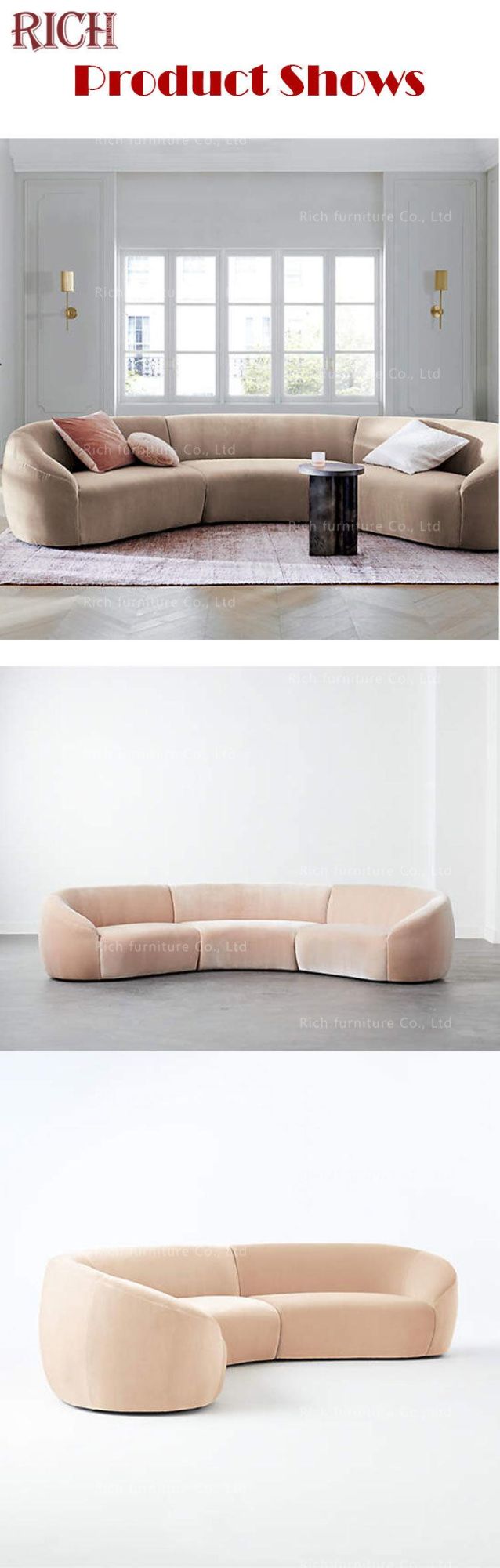 3 Piece Kidney Shape Sofa Curved Half Moon Semi-Circle Half Round Sectional Velvet Sofa