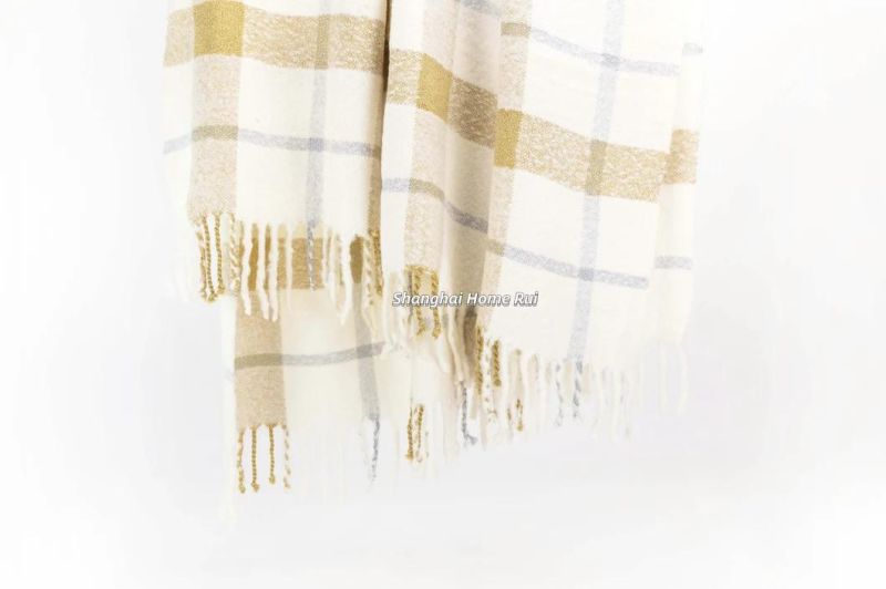 Home Outdoor Travel Bed Sofa Car Soft Warm White Multi Woven Self-Fringe Tassel Plaid Checks Waffle Throw Blanket Cover