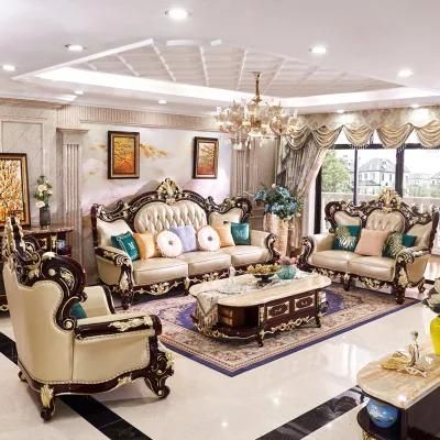 Wood Carved Antique Luxury Leather Sofa with Marble Tables in Optional Furniture Color and Sofas Seat