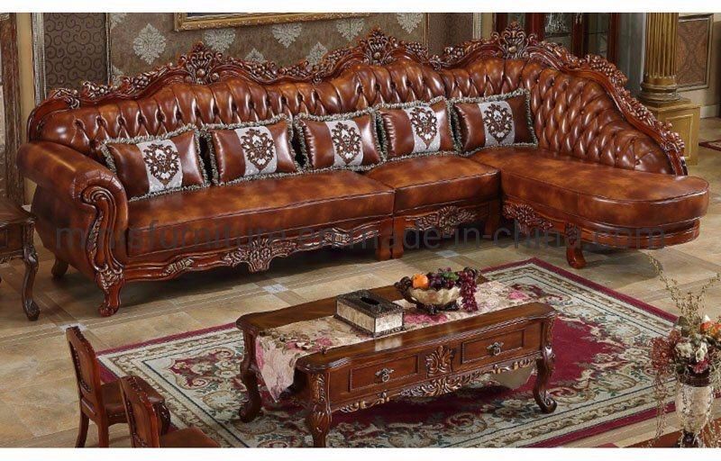 (M-CSF07) European Living Room Furniture Brown Genuine Leather Wooden Frame Sofa