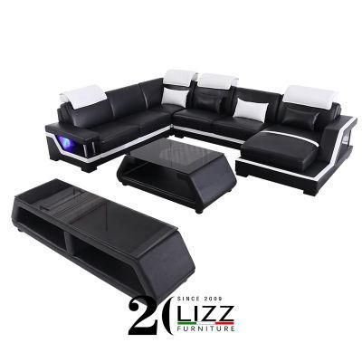 Modern Leisure Living Room U Shape Sectional Genuine Leather Sofa with Coffee Table