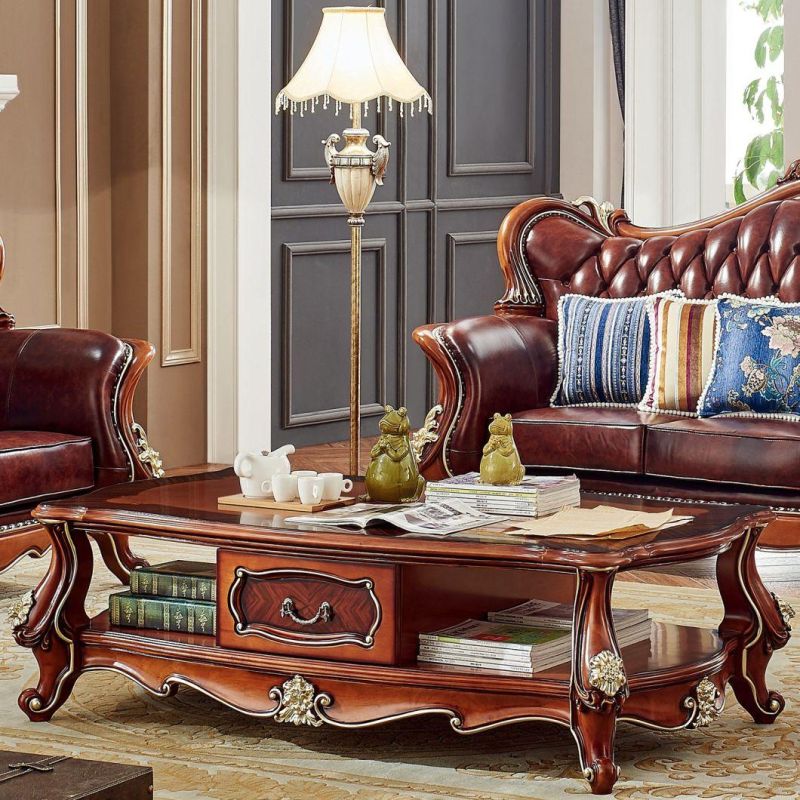 Living Room Furniture Classic Genuine Leather Sofa with Wood Table