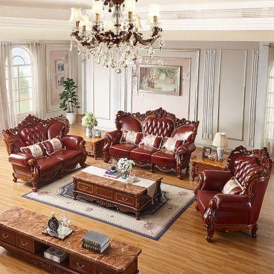 Home Furniture Wood Carved Antique Leather Sofa in Optional Sofas Seat and Furnitures Color