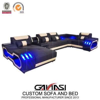 Chinese Furniture Apartment LED Light Genuine Leather Sofa Bed