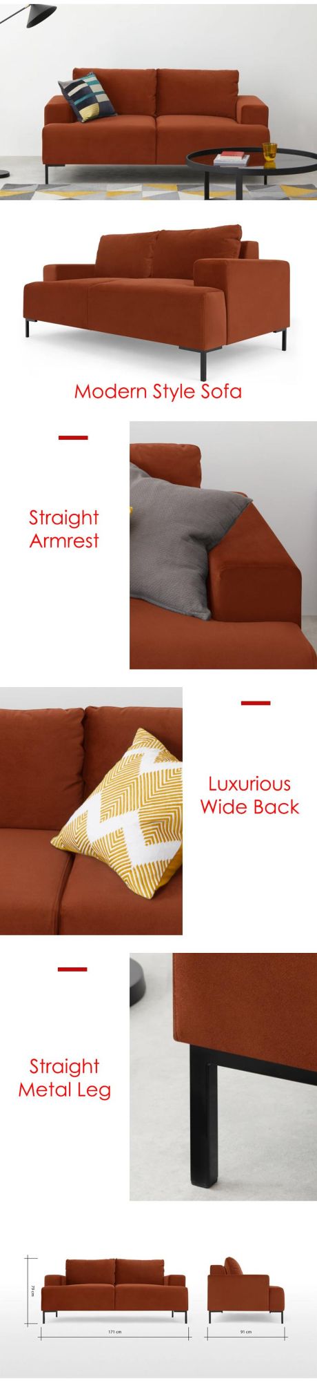 Modern Style Home Furniture Living Room Luxurious Straight Metal Leg Sofa
