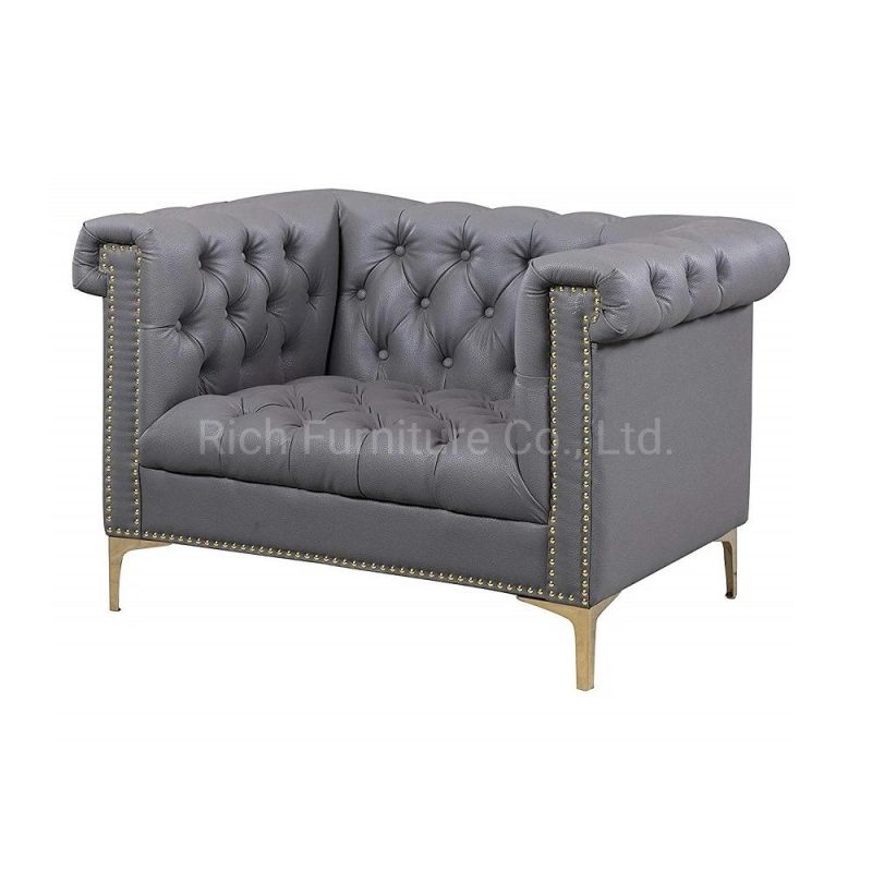 Retro Modern Upholstery Sectional Couches Grey Leather Chesterfield Armchair Sofa for Sale