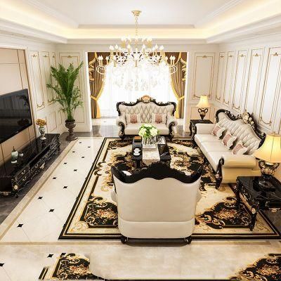 Wood Carved Classic Leather Sofa Furniture with Center Table and Side Stool in Optional Furnitures Color and Sofa Couch Seat