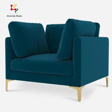 Luxury Gold Finish Metal Frame Hotel Lounge One Seater Velvet Sofa Chair Armchairs Living Room Chairs