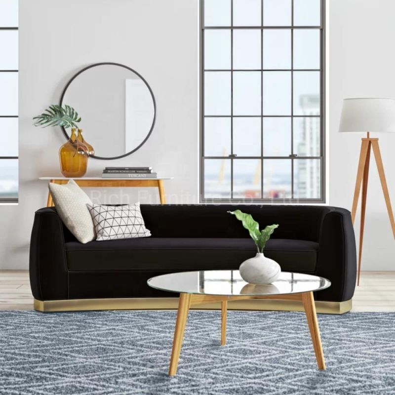 Italy Design Elegant Hotel Lobby Canape Velvet Living Room Reclining 3 Seat Sofa in Golden Base