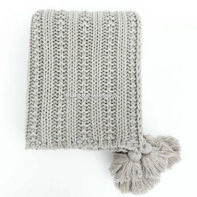 Home Outdoor Travel Bed Sofa Car Soft Warm Grey Knitted Striped Line Texture Structure Acrylic Pompom Tassel Throw Blanket Cover
