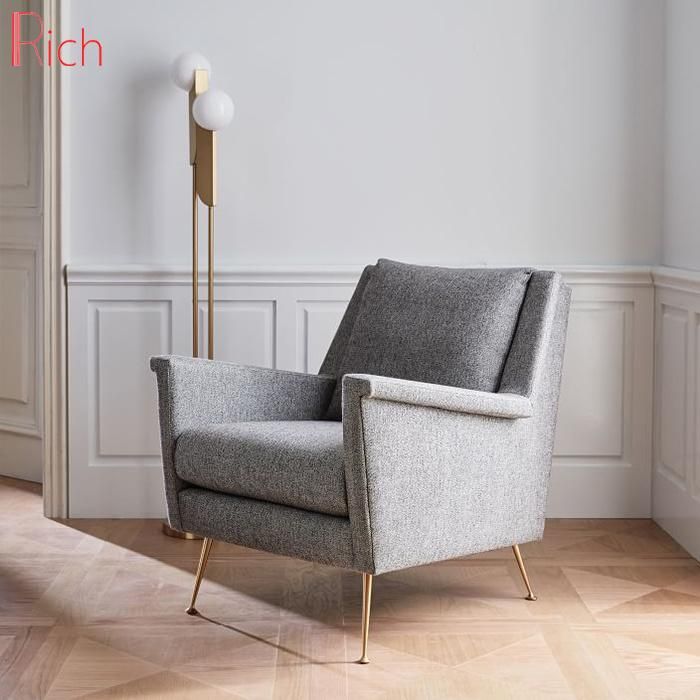 Modern Design Scandinavian Fabric Linen Single One Seater Sofa with Metal Legs Hotel Restaurant Grey