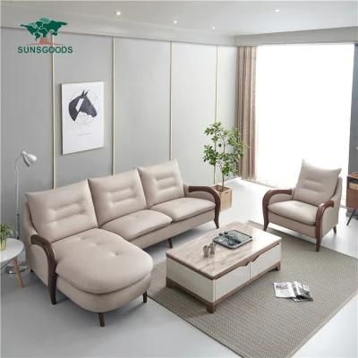 Chinese Top Grain Leather Living Room Sofa Chaise Sectional Wood Frame Living Room Furniture
