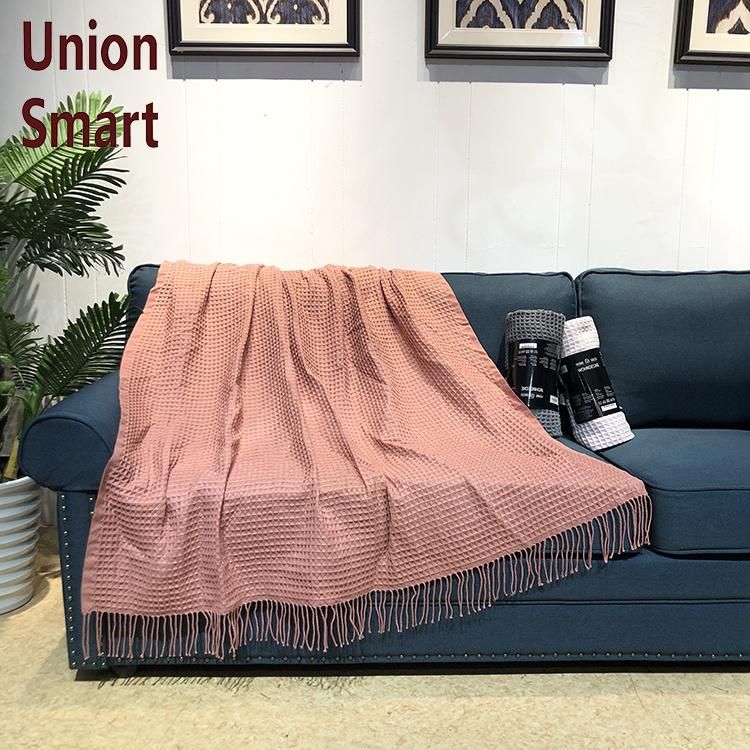 Waffle Throw Blanket Lightweight Soft Cozy Fringe Throw for Sofa