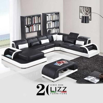 Modern Genuine Leather LED Sofa Nordic Creative Living Room Office Furniture Set with Coffee Table
