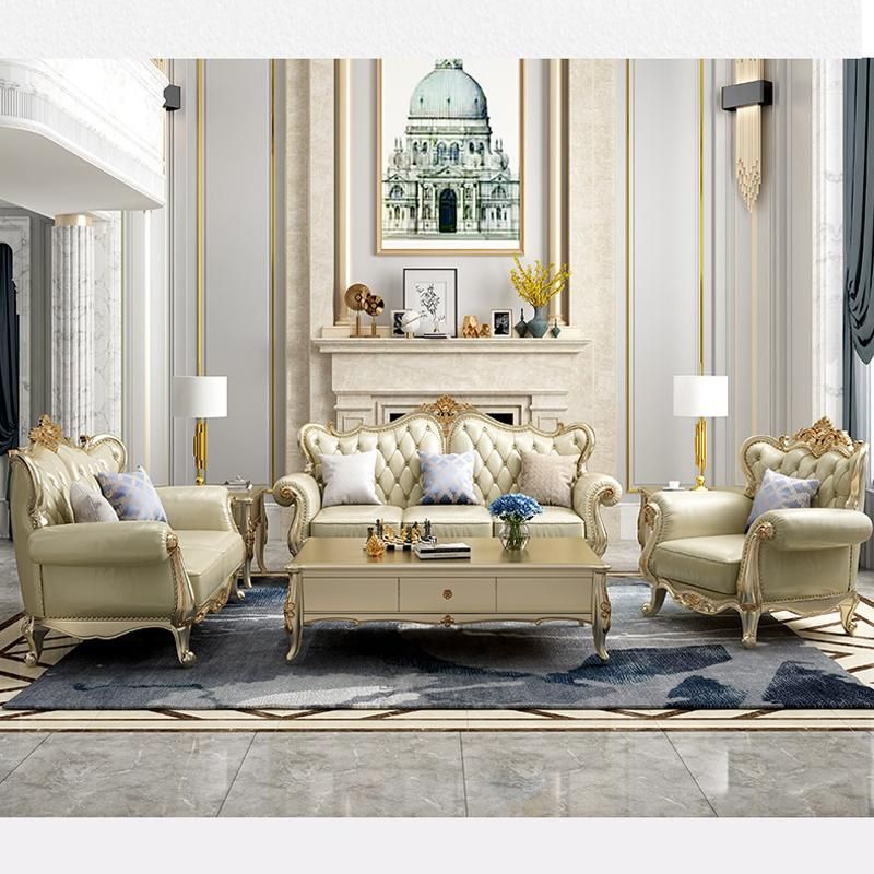 Living Room Furniture American Leather Sofa with Wood Side Stool in Optional Furnitures Color and Sofas Seat