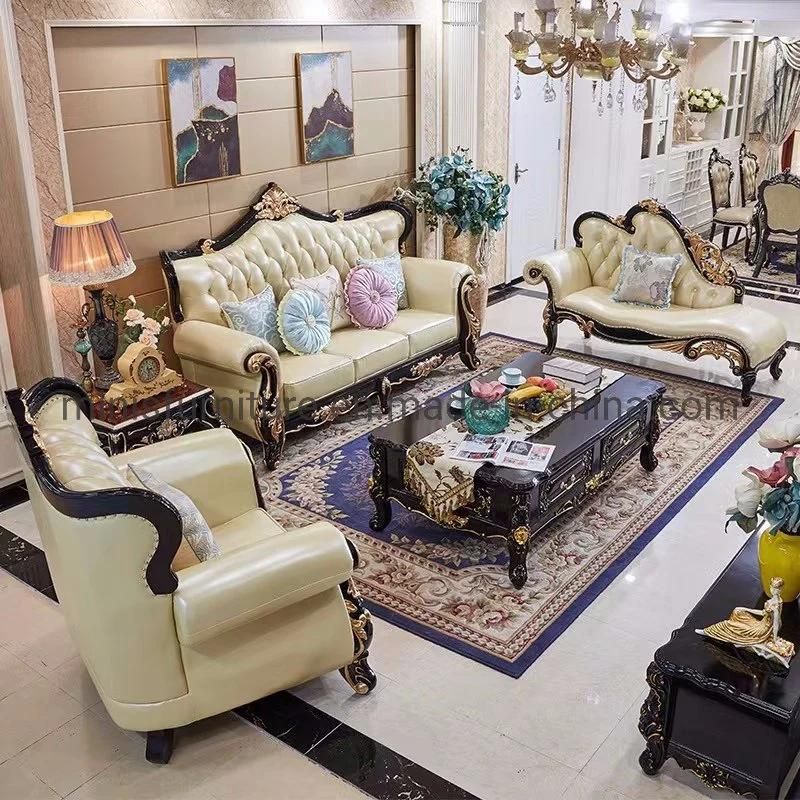 (MN-CSF13) European Royal Furniture Pure Leather Wood Frame Sofa with Chaise