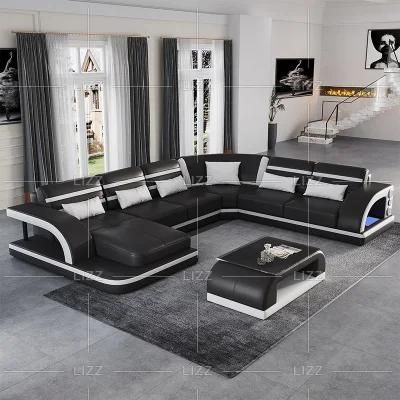 New Arrivals European Style Corner U Shape Home Furniture Set Functional LED Genuine Leather Sofa Bed with Coffee Table