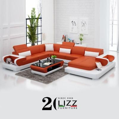 Good Quality Leisure Genuine Leather Sofa Home Recliner U Shape Furniture with LED Lights