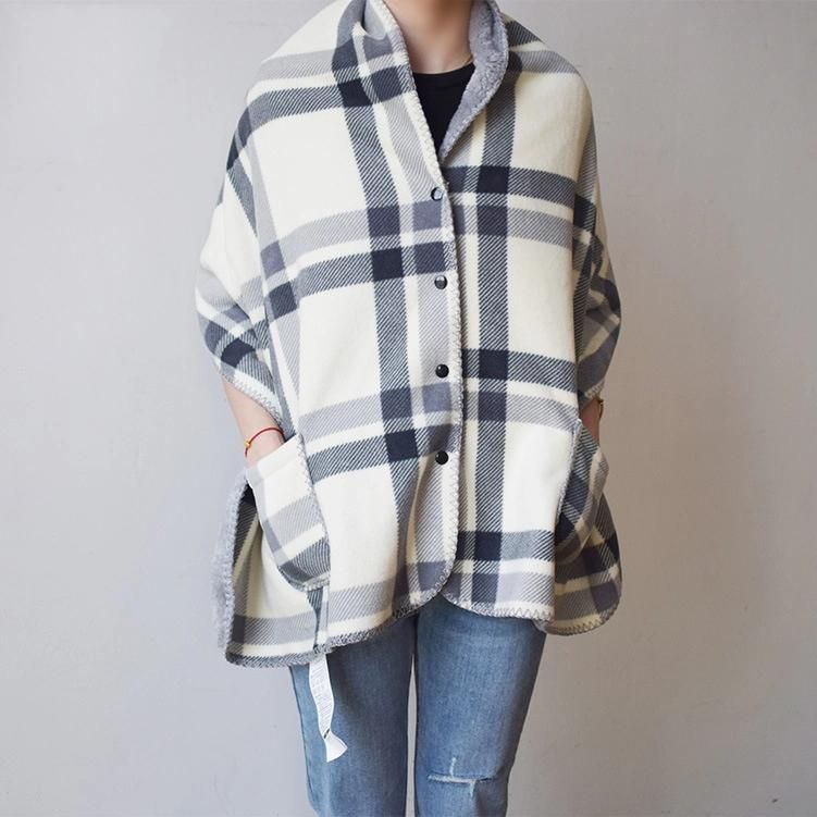 Double Side Plaid Wearable Sofa Blanket Office Shawl Multi-Functional Wrap Shawl with Button and Pocket