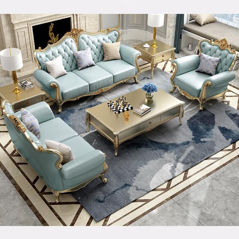 Living Room Furniture American Leather Sofa with Wood Side Stool in Optional Furnitures Color and Sofas Seat