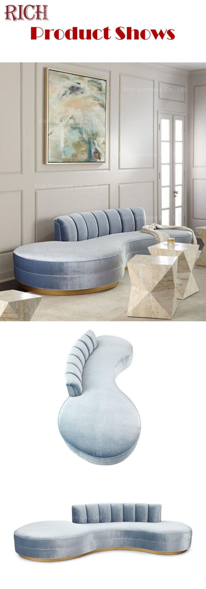 Hotel Fabric Sofa Furniture Cream Color Curved Velvet Sofa