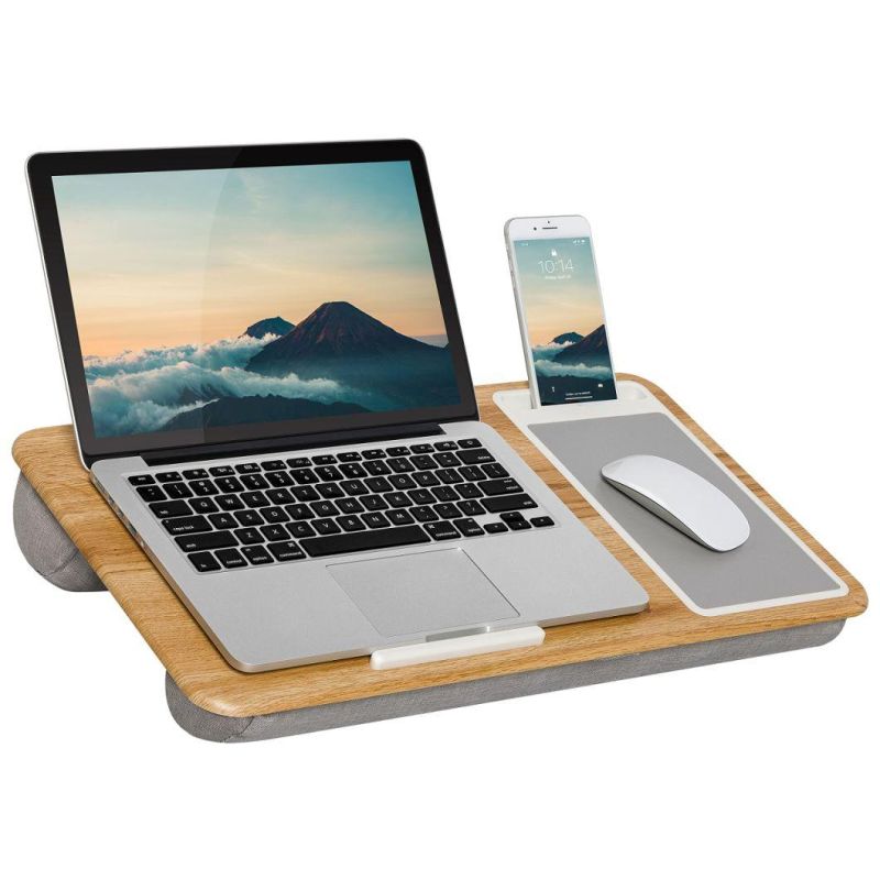 Gogobs Home Office Lap Desk with Device Ledge Mouse Pad, and Phone Holder Lap Desk with Pillow Solid Wood Plastic Bamboo Laptop Tray Bed Sofa Desk Table