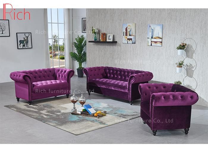 Modern Home Furniture Chesterfield Design Purple Fabric Velvet Sofa