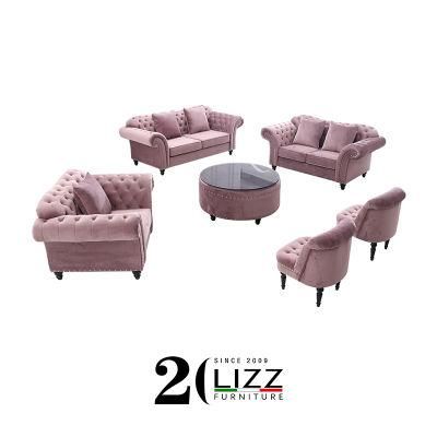 European Style Living Room Furniture Chesterfield Luxury Velvet Fabric Sofa