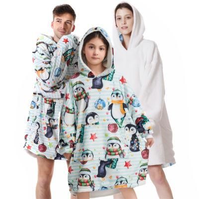 Warm Wearable Hooded Oversized Printed Winter Fleece Sofa Huggle Sherpa Oversized Plush Hoodie Blanket