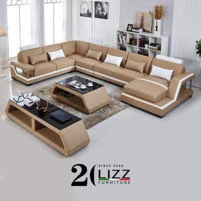 Hot Selling European Popular Design Home Office Furniture U-Shape Couch Genuine Leather LED Sectional Sofa Set