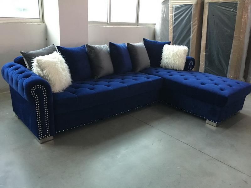 Living Room Sectional Fabric Sofa with Fur Pillows