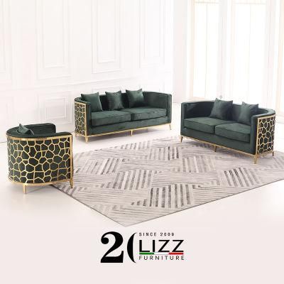 Modern Metal Luxury Living Room Furniture European Leisure 1+2+3 Fabric Sofa Green Velvet Couch