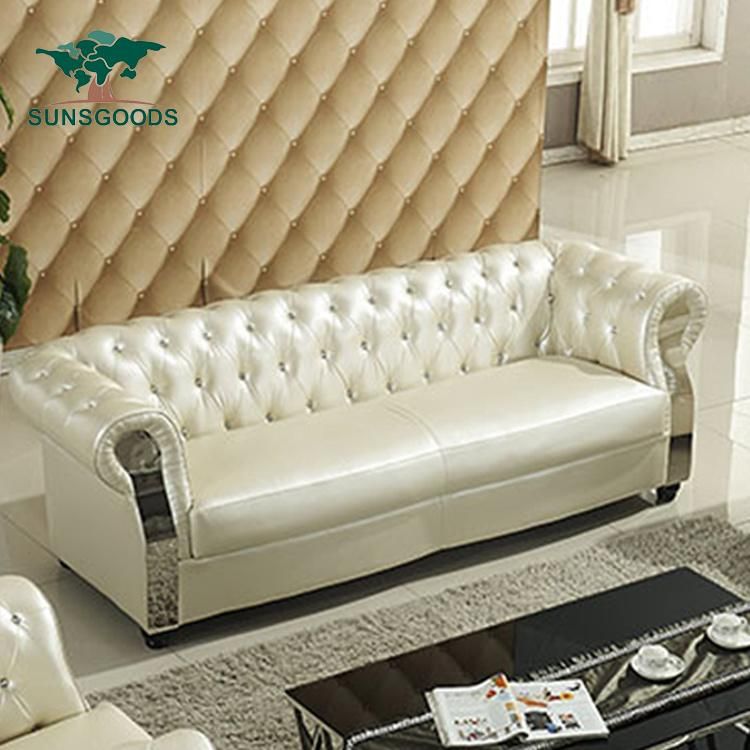 European Modern Living Room Wood Frame Genuine Bonded Leather Chesterfield Sofa