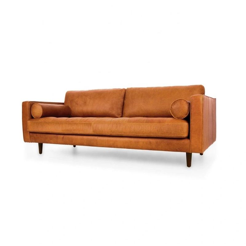 MID-Century Modern Sofa Tufted Leather Sofa 3 Seater