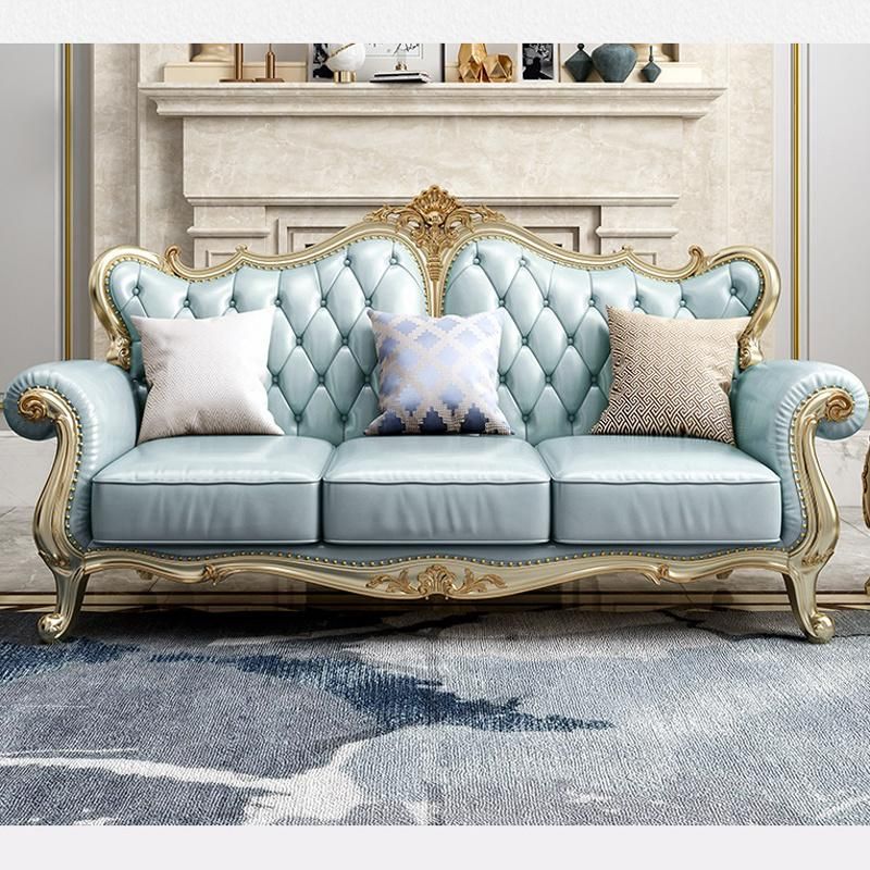 Living Room Furniture American Leather Sofa with Wood Side Stool in Optional Furnitures Color and Sofas Seat