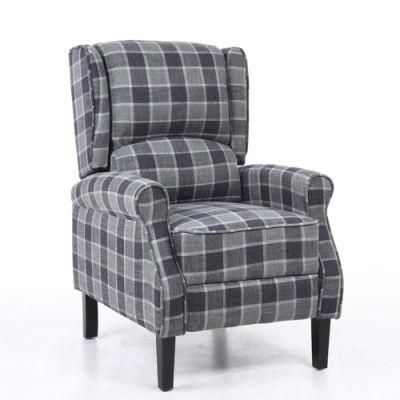 UK Style Leisure Home Living Room Furniture Retro Plaid Fabric Sofa Adjustable Push Back Recliner Chair Wooden Legs
